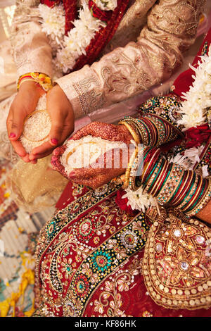 Mauritius, eine Braut und Bräutigam, konydev und anishtah hurloll, halten ein Angebot von Reis in ihren Händen an Ihren hinduistischen Hochzeit in der Stadt Surina Informationen Stockfoto