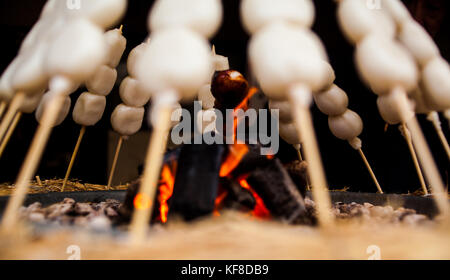 Mitarashi dango auf Feuer Stockfoto