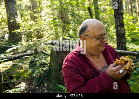 Usa, Oregon, Willamette Valley, Porträts von Chef und Pilz hunter Jack czarnecki Holding chanterelle mushroooms im küstennahen Bereich Berge, Ca Stockfoto