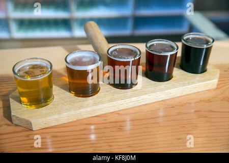 Usa, Oregon, Ashland, eine Probe der Biere gebraut in der Caldera Brauerei und Restaurant mit Rasenmäher Lagerbier, trocken, trocken hop hop orange rot, doup Stockfoto