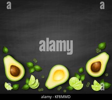 Vektor Draufsicht Hintergrund mit realistischen Scheiben reife Avocado hellgrünen Blätter und Oliven. guacamole Zutaten auf schwarzen Hintergrund. Essen banner Stock Vektor