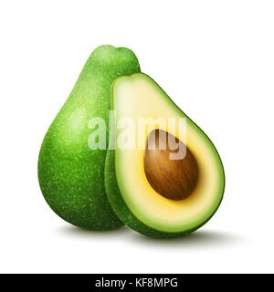 Vektor realistische frisches Obst avocado auf weißem Hintergrund. Ganze und halbierte Avocado mit Pit Stock Vektor