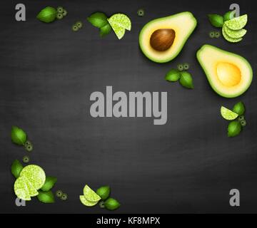 Vektor Draufsicht Hintergrund mit realistischen Scheiben Avocado hellgrünen Blätter und Oliven. guacamole Zutaten auf schwarzen Hintergrund. Essen Banner oder mexic Stock Vektor