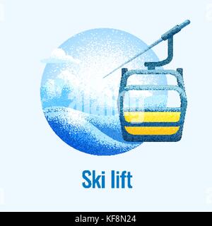 Skilift retro Banner. Winter Berge Landschaft Hintergrund mit Seilbahn Kabinen. Vektor Plakat für Ski Resort Stock Vektor