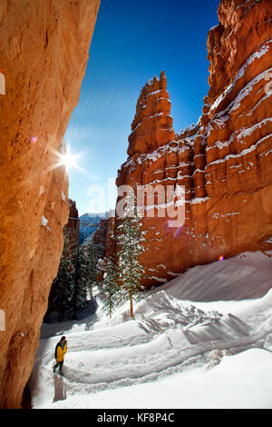 Usa, Utah, Bryce Canyon, Bryce Canyon National Park, wandern durch einen Schlitz Schlucht namens Wall Street und schneebedeckten Hoodoos, die Navajo loop t Stockfoto