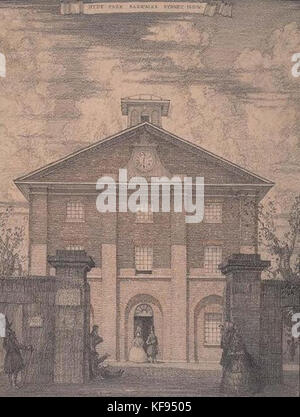 Eine Zeichnung von Hardy Wilson aus dem Jahr 1914, die Hyde Park Barracks in Sydney, Australien, darstellt. Das Kunstwerk erfasst die architektonischen Merkmale und den historischen Kontext des Gebäudes. Stockfoto