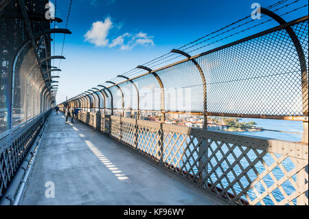 Menschen laufen auf der Bahn der Sydney Harbour Bridge an einem sonnigen Tag ihren Weg in die Stadt. Stockfoto