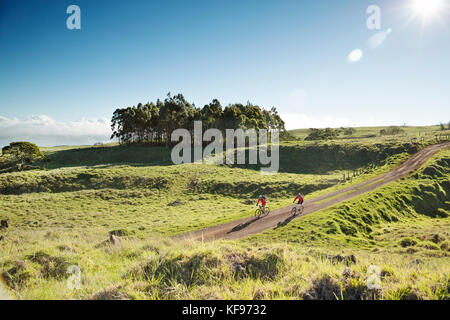 Usa, Hawaii, Big Island, Journalist Daniel Duane und Küchenchef Seamus mullens Mountainbike auf Mana Straße an der Basis der kiluea Vulkan Stockfoto