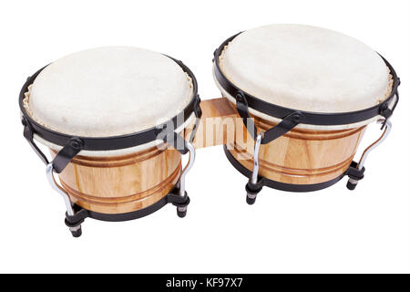 Eine Reihe von Wooden Bongos auf weißem Hintergrund Stockfoto