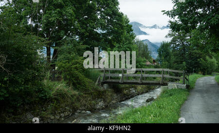 Europa, Schweiz, St. Gallen, Wangs - ein Regentag in Wangs in Swizz, Nebel im Hintergrund, in der Bach ist das Wasser unruhig Stockfoto
