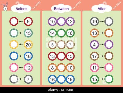 Was kommt vor, zwischen und nach, Mathematik Arbeitsblätter für Kinder Stock Vektor