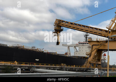 Kohle wird in den Laderaum des Schiffes am Hafen in Newcastle, New South Wales, Australien geladen. bereit für den Transport zu den verschiedenen Destinationen. Stockfoto