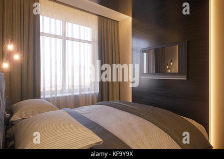 3D-Illustration eines Schlafzimmers im modernen skandinavischen Stil. Rendern Sie den Innenraum für den Katalog mit echten Möbeln. Stockfoto