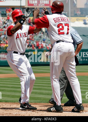 Garret Anderson von Los Angeles Angels, links, wird zu Hause von Teamkollege Vladimir Guerrero begrüßt, nachdem er am Sonntag, den 6. August 2006, einen dreifachen Homer vor dem Pitcher der Texas Rangers, Adam Eaton, im ersten Inning eines Baseballspiels in Anaheim, Kalifornien, getroffen hat. Foto von Francis Specker Stockfoto