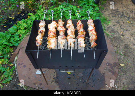 Stücke Fleisch gebraten auf Spieße auf dem Grill Stockfoto