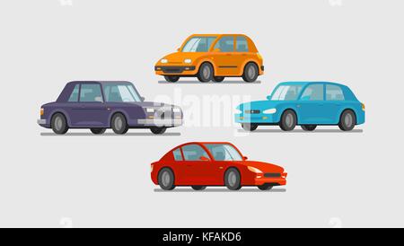 Fahrzeugsymbole. Fahrzeug, Transport, Parkplatz, Garagenkonzept. Illustration des Zeichentrickvektors Stock Vektor