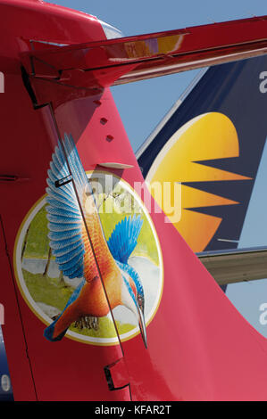 Schwänze der Kingfisher Airlines, Indien ATR 72-500 und die Jet Airways, Indiens Boeing 777-300im Static Display auf der Paris Airshow 2007 Sa geparkt Stockfoto