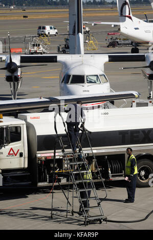 Refuellers und Lkw mit einer Horizon Air Bombardier DHC-8 Dash 8-200 geparkt und Heckflosse eines DHC-8 Dash 8-400 Q400 hinter Stockfoto