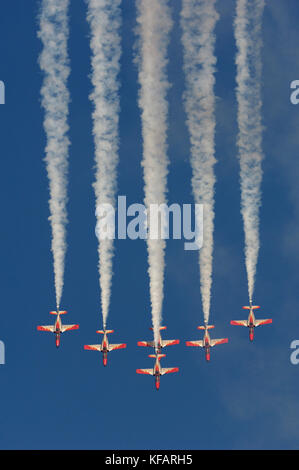 CASA C-101 EB Aviojets von Spanien - Air Force Patrulla Aguila Acrobatica im Formationsflug mit Rauch bei der Dubai Airshow 2007 Stockfoto