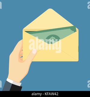 Geschäftsmann, Besitz, Geld in Umschlag, auf dem Hintergrund isoliert. Cash american Dollar. geldgeschenk. Finanzen Konzept. Öffnen Sie den Umschlag mit dem Geld Stock Vektor