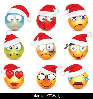Smileys, Emoticons. gelbes Gesicht mit Emotionen und Weihnachten hat. Neues Jahr, Santa. Winter emoji. Traurig, glücklich, wütend Gesichter. lustige Cartoon Charakter. Stimmung. Vektor. Stock Vektor