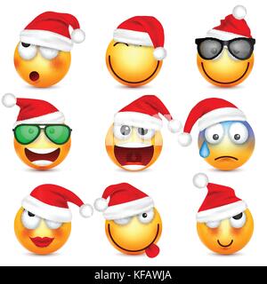 Smileys, Emoticons. gelbes Gesicht mit Emotionen und Weihnachten hat. Neues Jahr, Santa. Winter emoji. Traurig, glücklich, wütend Gesichter. lustige Cartoon Charakter. Stimmung. Vektor. Stock Vektor