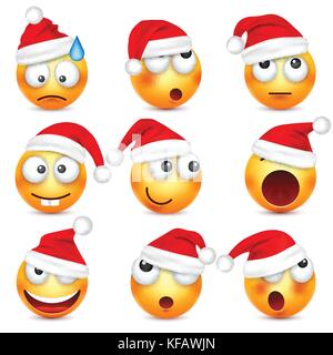 Smileys, Emoticons. gelbes Gesicht mit Emotionen und Weihnachten hat. Neues Jahr, Santa. Winter emoji. Traurig, glücklich, wütend Gesichter. lustige Cartoon Charakter. Stimmung. Vektor. Stock Vektor