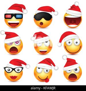 Smileys, Emoticons. gelbes Gesicht mit Emotionen und Weihnachten hat. Neues Jahr, Santa. Winter emoji. Traurig, glücklich, wütend Gesichter. lustige Cartoon Charakter. Stimmung. Vektor. Stock Vektor