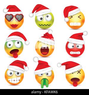 Smileys, Emoticons. gelbes Gesicht mit Emotionen und Weihnachten hat. Neues Jahr, Santa. Winter emoji. Traurig, glücklich, wütend Gesichter. lustige Cartoon Charakter. Stimmung. Vektor. Stock Vektor
