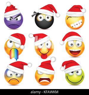 Smileys, Emoticons. gelbes Gesicht mit Emotionen und Weihnachten hat. Neues Jahr, Santa. Winter emoji. Traurig, glücklich, wütend Gesichter. lustige Cartoon Charakter. Stimmung. Vektor. Stock Vektor