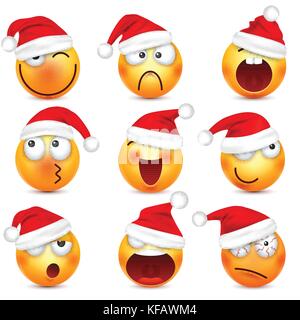 Smileys, Emoticons. gelbes Gesicht mit Emotionen und Weihnachten hat. Neues Jahr, Santa. Winter emoji. Traurig, glücklich, wütend Gesichter. lustige Cartoon Charakter. Stimmung. Vektor. Stock Vektor