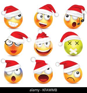 Smileys, Emoticons. gelbes Gesicht mit Emotionen und Weihnachten hat. Neues Jahr, Santa. Winter emoji. Traurig, glücklich, wütend Gesichter. lustige Cartoon Charakter. Stimmung. Vektor. Stock Vektor