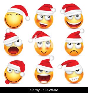 Smileys, Emoticons. gelbes Gesicht mit Emotionen und Weihnachten hat. Neues Jahr, Santa. Winter emoji. Traurig, glücklich, wütend Gesichter. lustige Cartoon Charakter. Stimmung. Vektor. Stock Vektor