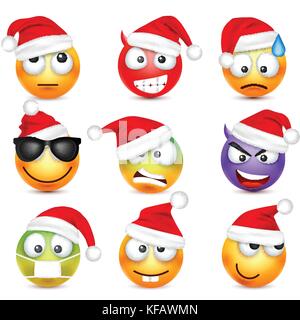 Smileys, Emoticons. gelbes Gesicht mit Emotionen und Weihnachten hat. Neues Jahr, Santa. Winter emoji. Traurig, glücklich, wütend Gesichter. lustige Cartoon Charakter. Stimmung. Vektor. Stock Vektor