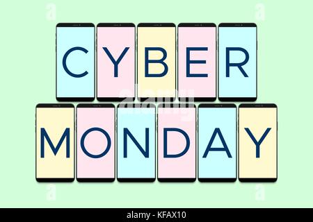 Cyber Monday Urlaub. Banner mit Telefon Inschrift Cyber Montag auf hell-grün Hintergrund Stock Vektor