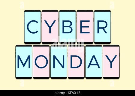 Cyber Monday Tag. Plakat mit Telefon Inschrift Cyber Monday auf gelbem Hintergrund Stock Vektor