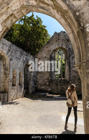 Junge Mädchen Profil von der Rückseite im Muckross Abbey, Nationalpark Killarney, Irland Stockfoto