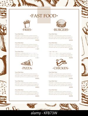 Fast food - Color Vector Hand gezeichnet vintage Menü Vorlage mit kopieren. realistische Chicken Wing, nugget, Cheeseburger, Pommes Frites, Nudeln, popcor Stock Vektor