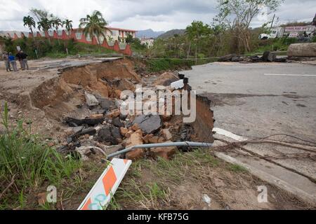 Lokale Puerto-ricanische Beamte untersuchen Straßenschäden, die durch einen Schlammsturz nach dem Hurrikan Maria am 9. Oktober 2017 in Utaudo, Puerto Rico verursacht wurden. (Foto von Andrea Booher über Planetpix) Stockfoto