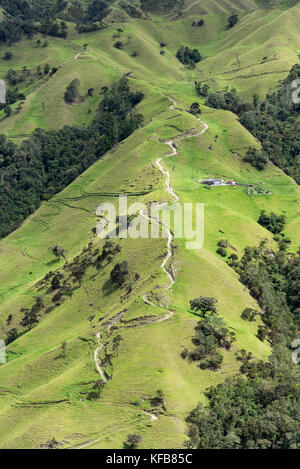 Vertikale Landschaft einer Schotterstraße und grünen Hügel in der Nähe von Salento, Kolumbien Stockfoto