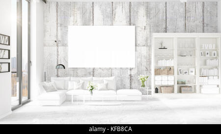 Panoramablick in Einrichtung mit weißen Ledercouch, leeren Rahmen und Copyspace in horizontaler Anordnung. 3D-Rendering. Stockfoto
