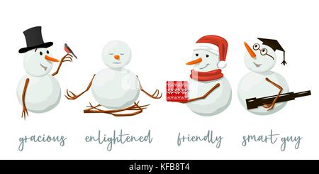 Satz von verschiedenen Schneemänner. kostbare Frosty, gnädig mit Geschenk, aufgeklärten, freundlich, Schielen, Vogel, Yoga. isoliert. Stock Vektor