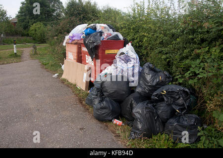 Überlaufene Mülleimer, Müll, der von schmalen Bootsfahrern auf dem Grand Union Canal auf dem Parkplatz Cooks Wharf bei Cheddington, Buckinghamshire, entsorgt wird Stockfoto