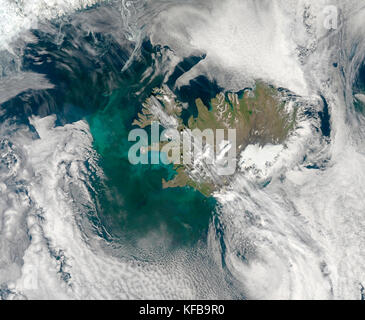 Plankton Bloom: Eine der grösseren regelmäßig beobachtet Blüten tritt in den Atlantischen Ozean in der Nähe von Island und Grönland in der nördlichen Hemisphäre Stockfoto