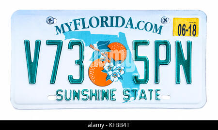 Florida License Plate, Kennzeichen. Florida Sunshine State Kennzeichen. Stockfoto