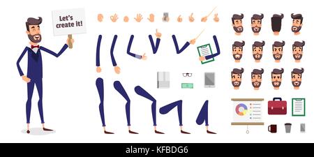Geschäftsmann Konstruktor oder männliche Cartoon Vektor Person Charakter Schaffung Satz. Teile Körper Vorlage für Design, Spiel oder Animation. Hinten, vorne, Seitenkopf. Avatar eines jungen Mannes mit verschiedenen Emotionen Gesicht. Zeigegegegesten der Hand. Stock Vektor