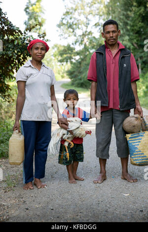 Indonesien, Flores, Familie in Rawang Kalo auf dem Weg zu einer anderen Familie helfen, ein Haus bauen und sie bringen Geschenke, die Straße von Riung zu Bena Stockfoto