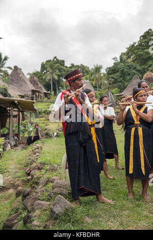 Indonesien, Flores, ngada Bezirk, Mitglieder der belaraghi Dorf spielen Musik, seine Gäste willkommen zu heißen Stockfoto