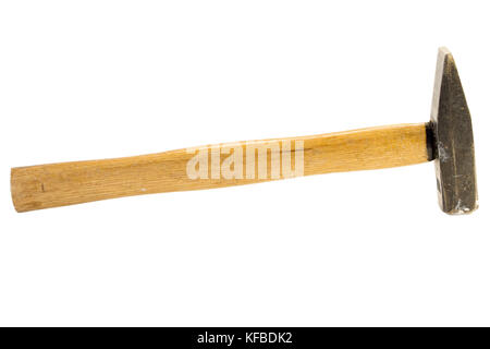 Alte gebrauchte Hammer mit Griff aus Holz, Metall Kopf auf Weiß isoliert Stockfoto