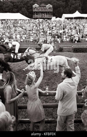 Usa, Tennessee, Nashville, Irokesen steeplechase, Zuschauer verfolgen und Beifall auf Pferde während der ersten Rennen des Tages, (b&w) Stockfoto